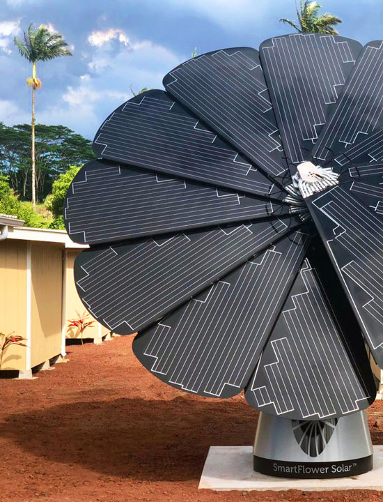 SmartFlower Solar Panel sitzt außerhalb Micro-Shelter Village