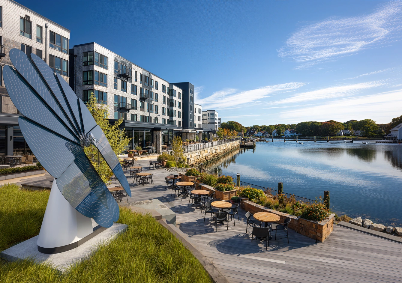 Coastal urban development with SmartFlower solar technology enhancing sustainability and guest experience