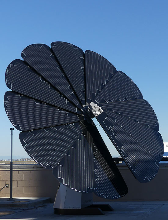 Flower-shaped solar energy system mounted on building roof for efficient urban power generation