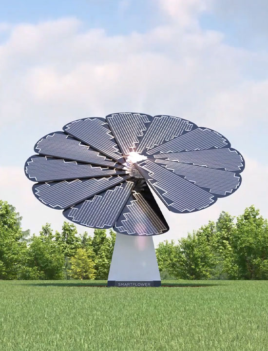 Innovative solar panel design gleaming in the sun on a clear day in green landscape