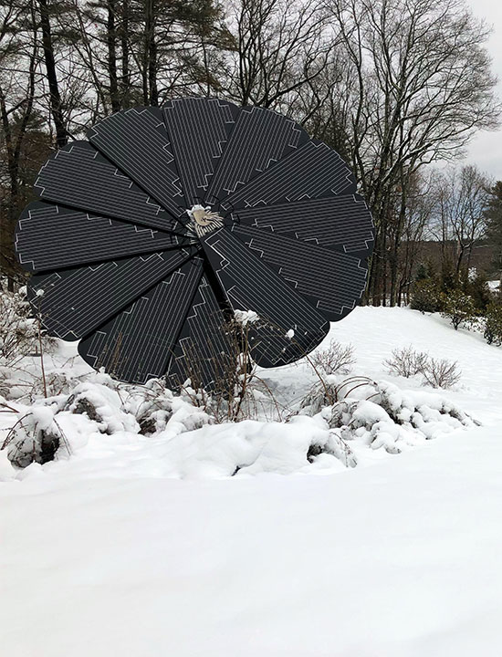 Solar panels generating energy during winter in residential area blanketed by fresh snowfall