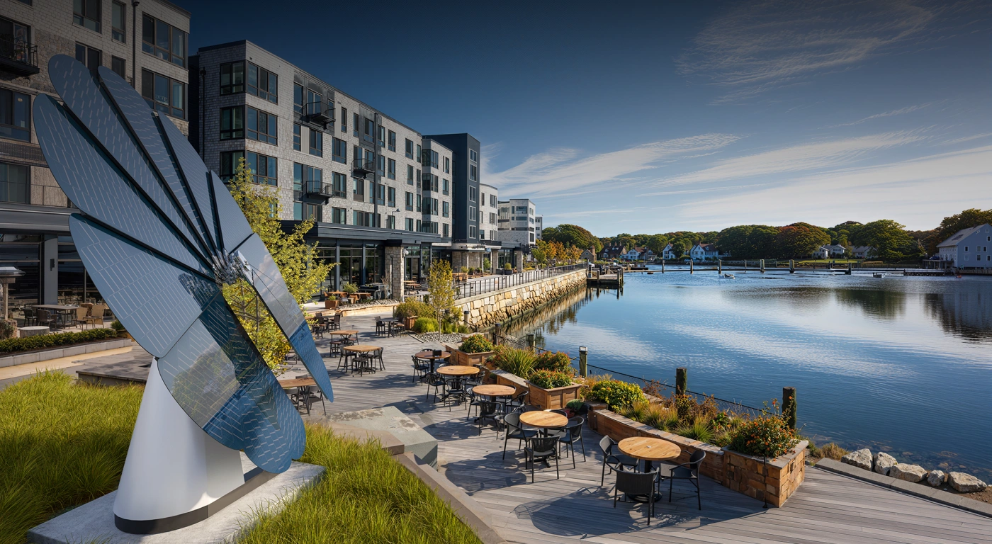 SmartFlower solar panel by scenic waterfront boardwalk near modern residential and hotel buildings