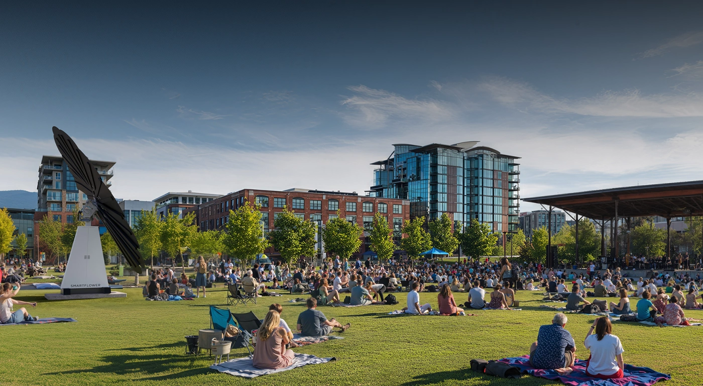 Urban park event with sustainable energy from SmartFlower system and scenic cityscape in background