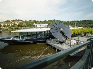 Sustainable SmartFlower system by the water, enhancing eco-friendly marina infrastructure