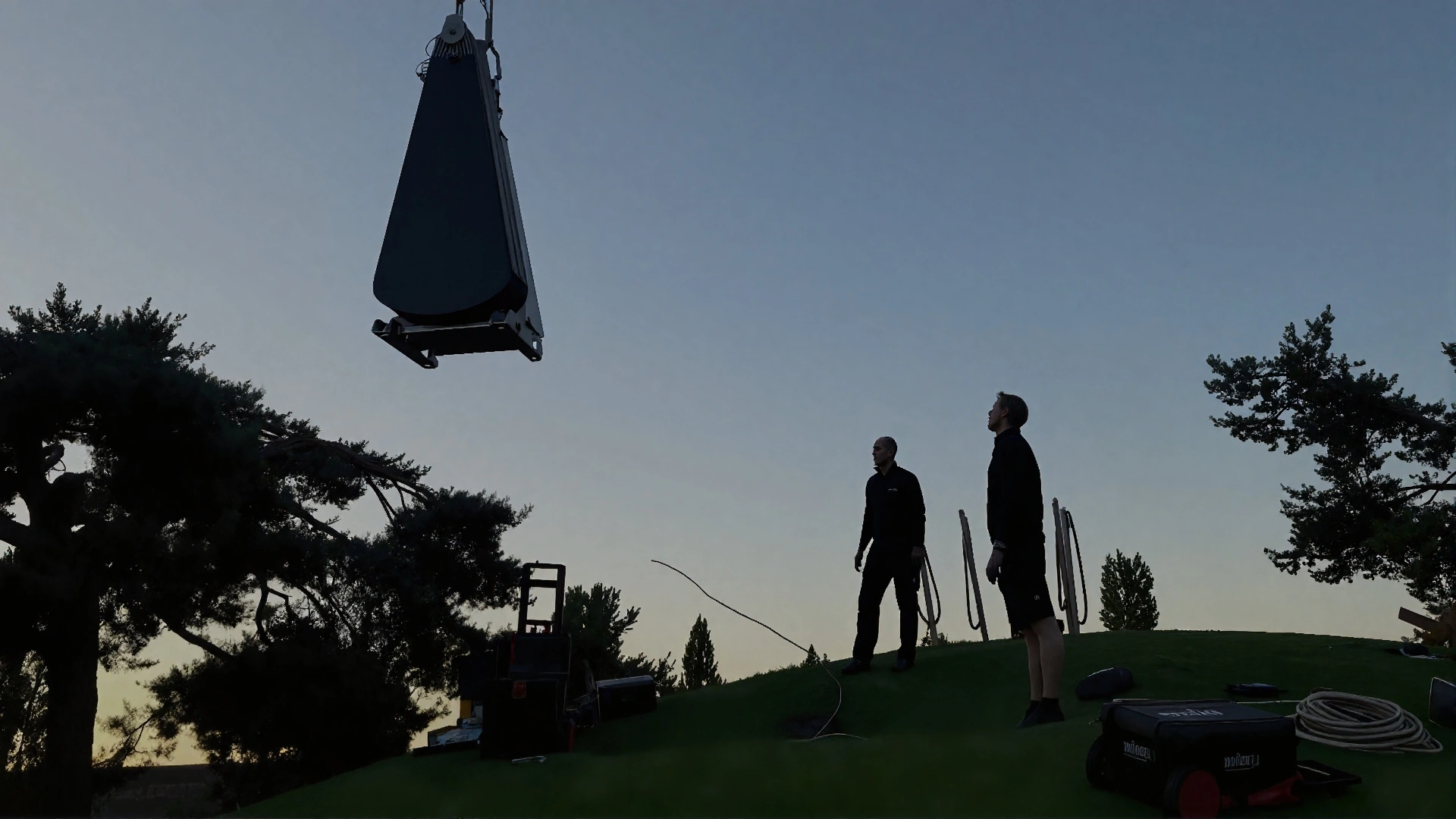 Two technicians guiding a solar panel installation process on a grassy site
